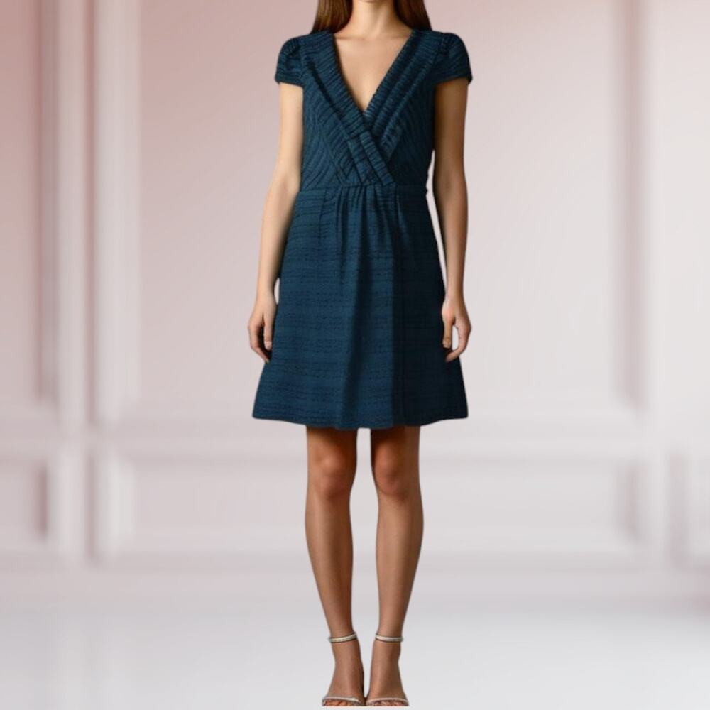 Milly Women's Sz‎ 4 Boucle Tweed Wrap Front Evening Dress Navy Blue Metallic New